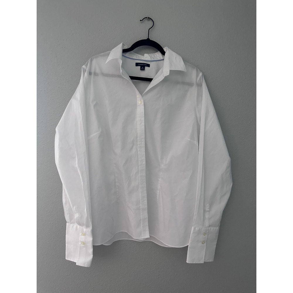 Lands End Womens 18 White Long Sleeve Button Down Shirt Cotton Tailored Fit